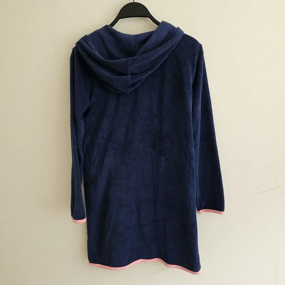 OshKosh B'Gosh Terry Cloth Towel Dress Hooded Navy Pink Heart Coverup Girls 14